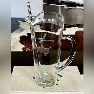 Vintage | Etched Geese Blown Glass Pitcher + Stir Stick | Man Cave | Cocktails